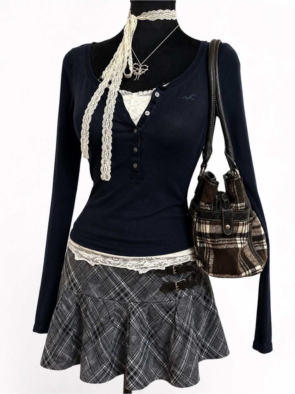 Plaid Gray Skirt with Buckle Accents